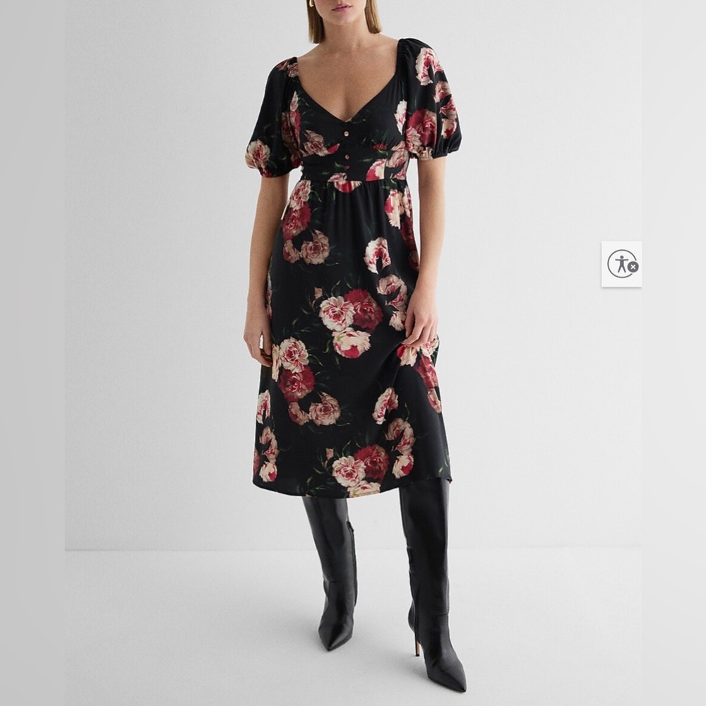Express Floral V-Neck Puff Sleeve Button Front Tie Back Midi Dress